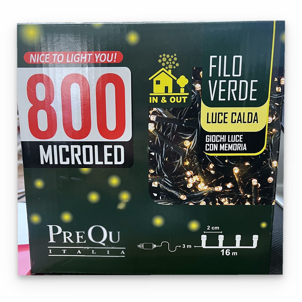 Catena Luminosa PreQu Italia 800 MicroLED Luce Calda – Filo Verde 16 m