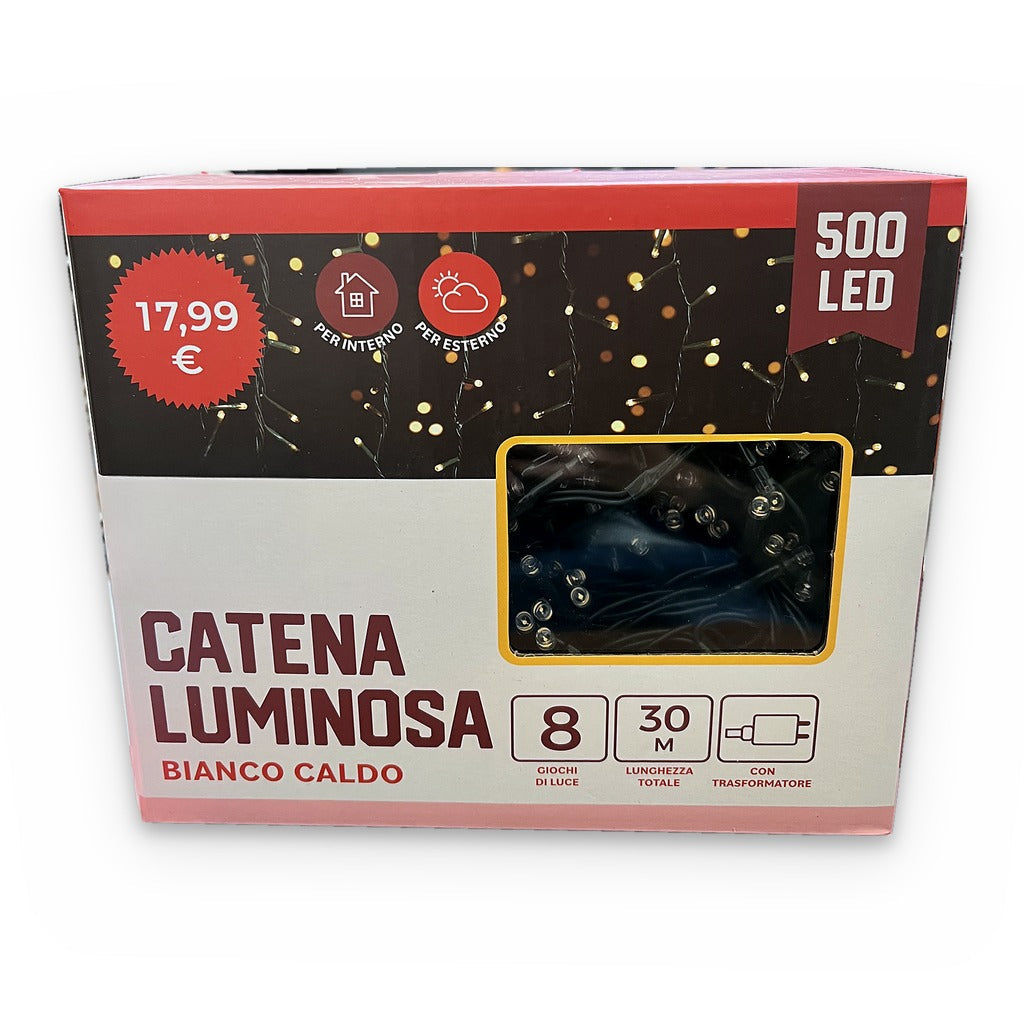 Catena Luminosa 500 LED Bianco Caldo – 30 m, 8 Giochi di Luce