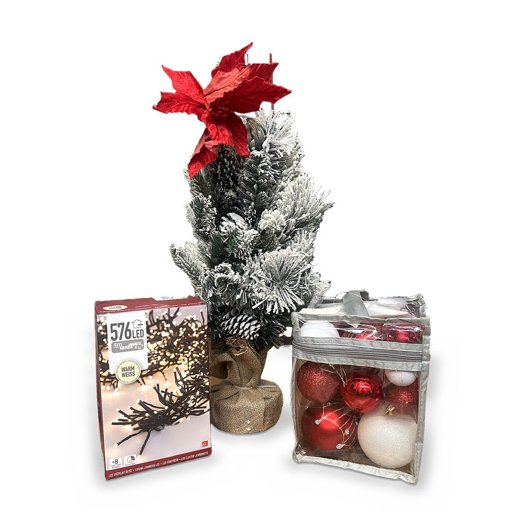 Albero Innevato con Base in Juta + Set Palline Rosse e Bianche con Puntale Stella + Catena 576 LED Bianco Caldo 4 m
