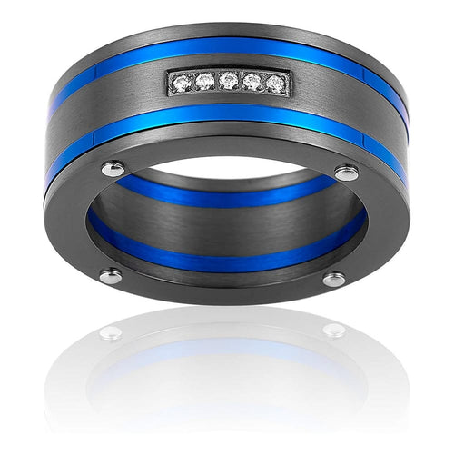 CLEOR Acciaio Anello Steel Blu Nero CZ Misura 60
