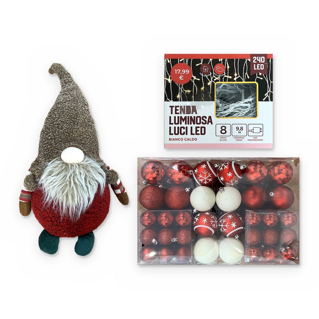 Gnomo in Peluche + Set Palline Rosse e Bianche + Tenda 240 LED