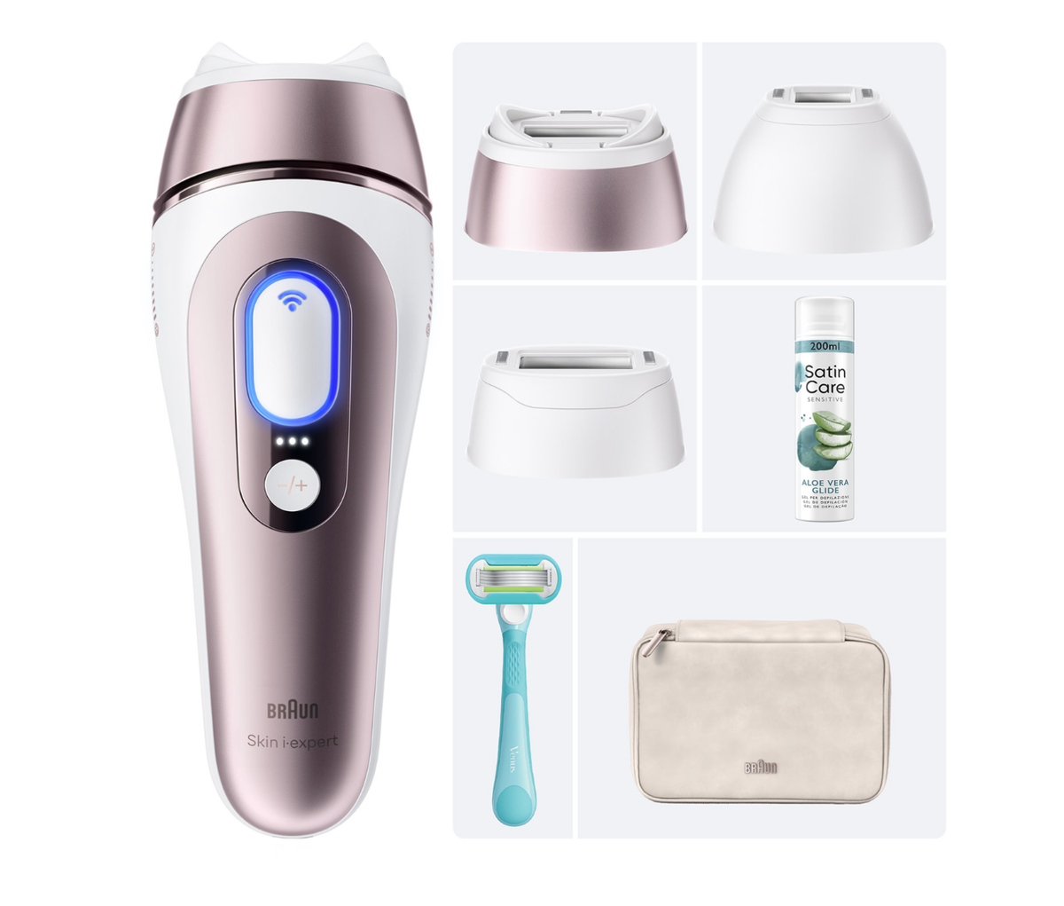 Braun Kit: Luce pulsata Skin i·expert 7, 2 accessori, rasoio Gillette Venus + gel Satin Care aloe